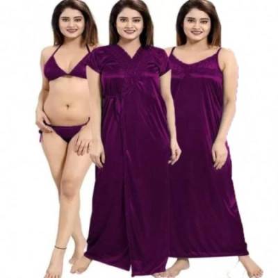 Purple 4Pc Best Quality Night Dress